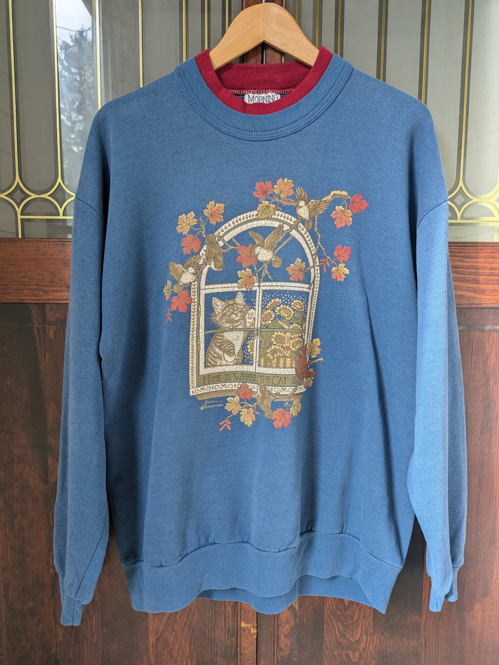 Vintage Blue Crewneck Sweater with Cat Window Motif